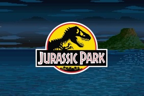 Jurassic Park logo on a video game version of the Isla Nublar island.