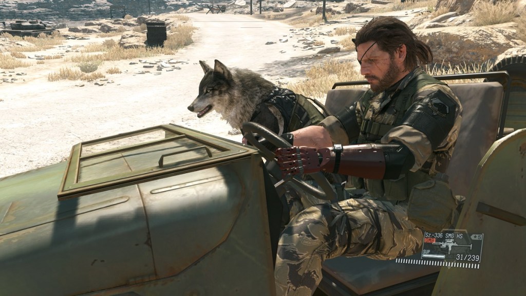 Metal Gear Solid 5: Big Boss driving with a dog next to him.