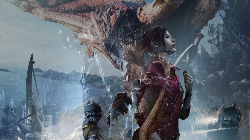 A blended image showing Monster Hunter and Resident Evil 2 remake.