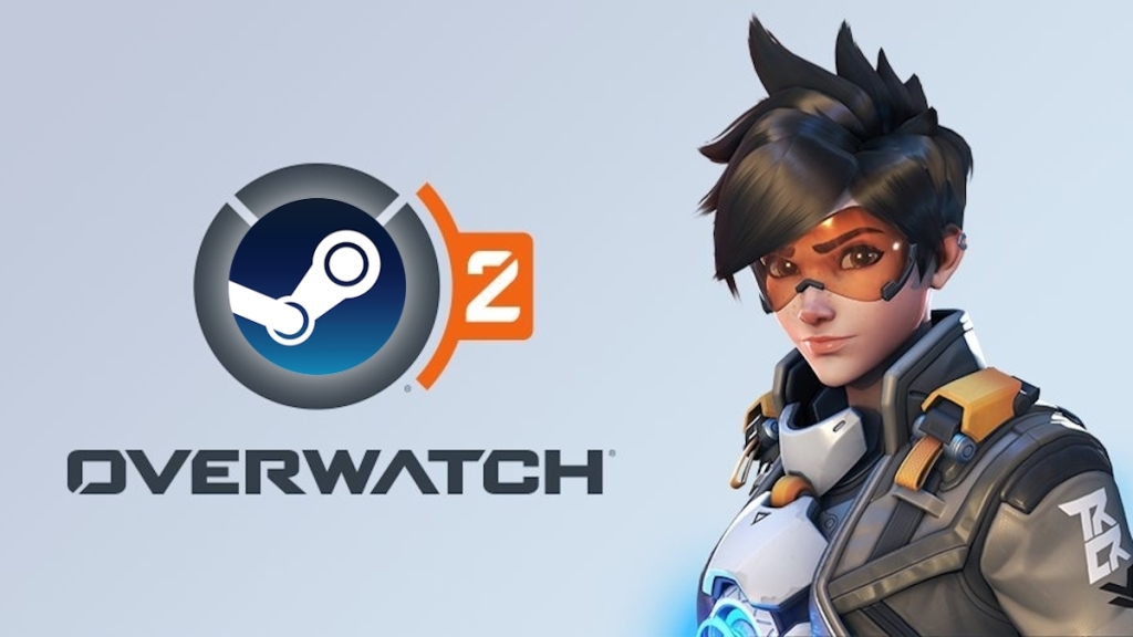 Overwatch 2 promo image with Tracer overlaid with Steam logo