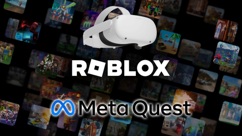 Roblox logo overlaid with the Meta Quest logo and a Quest 2 headset.