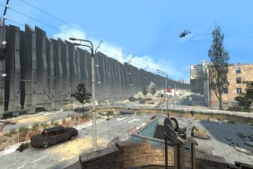 Half-Life 2 mod showing a dilapidated street surrounded by a huge wall.