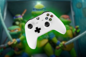 A white Xbox controller that's glowing green, in front of the Teenage Mutant Ninja Turtles.