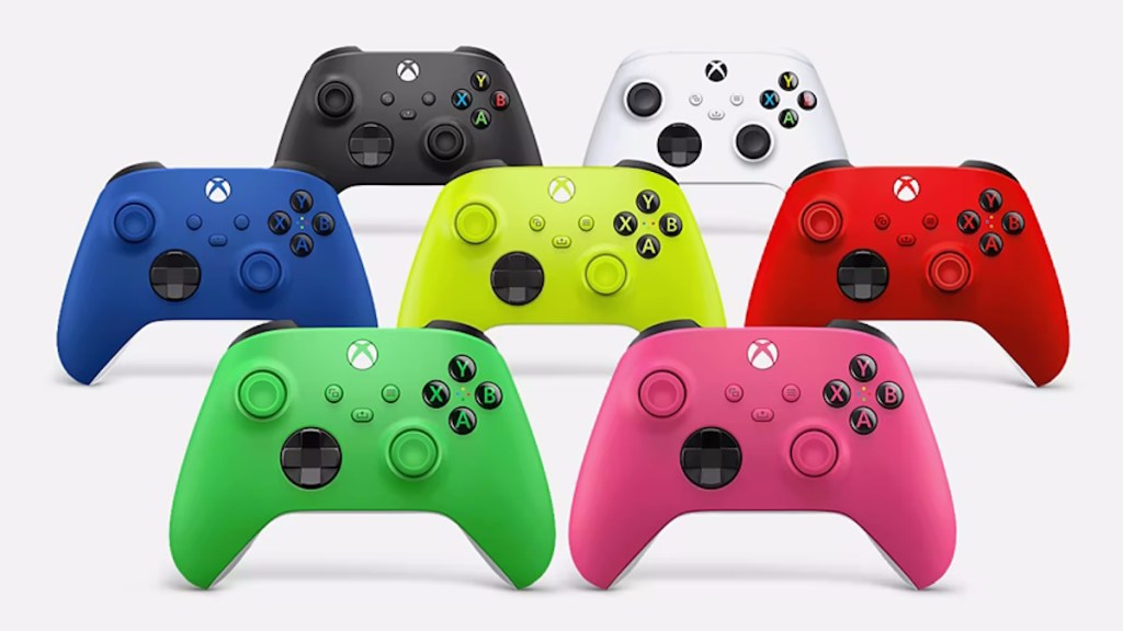 Xbox Wireless Controllers in multiple colors.